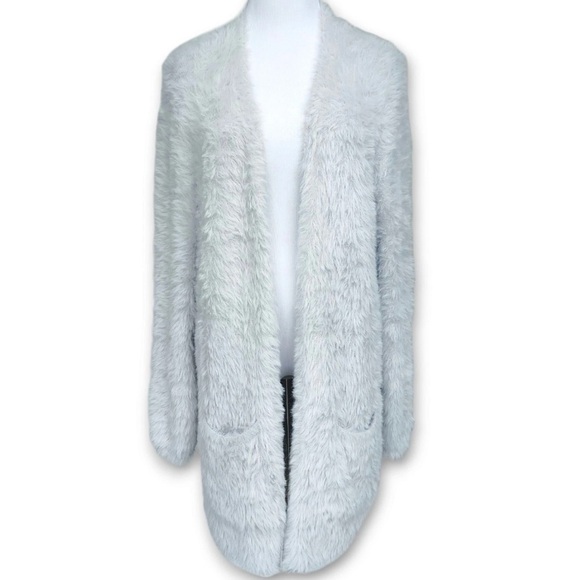 Free People Silver Cloud Gray Faux Fur Medium Open Cardigan Sweater - Picture 8 of 14